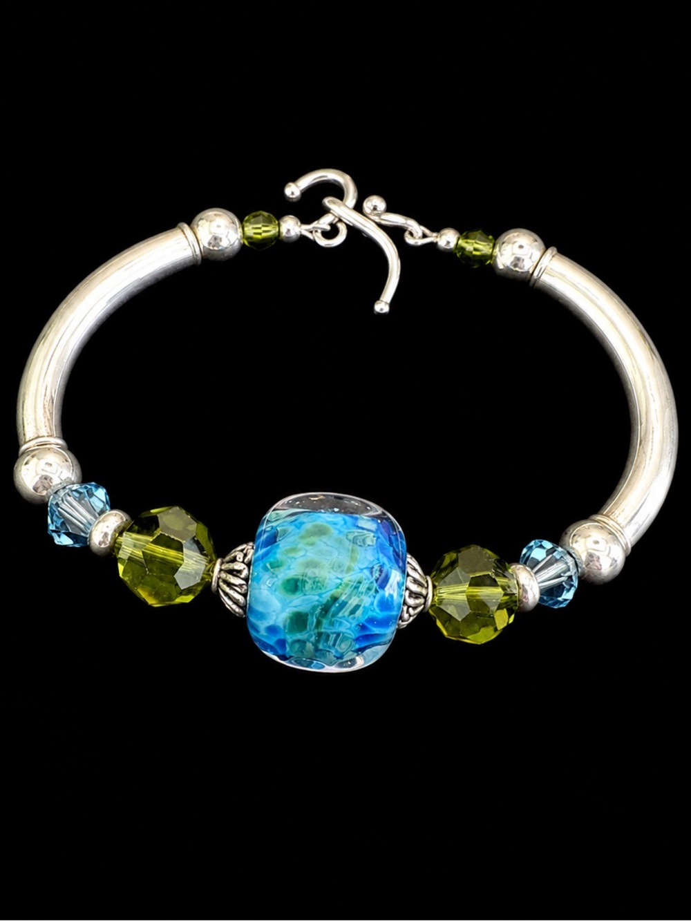 Handmade Sterling Silver Lampwork boro Glass Crystal Toggle Bracelet OOAK
